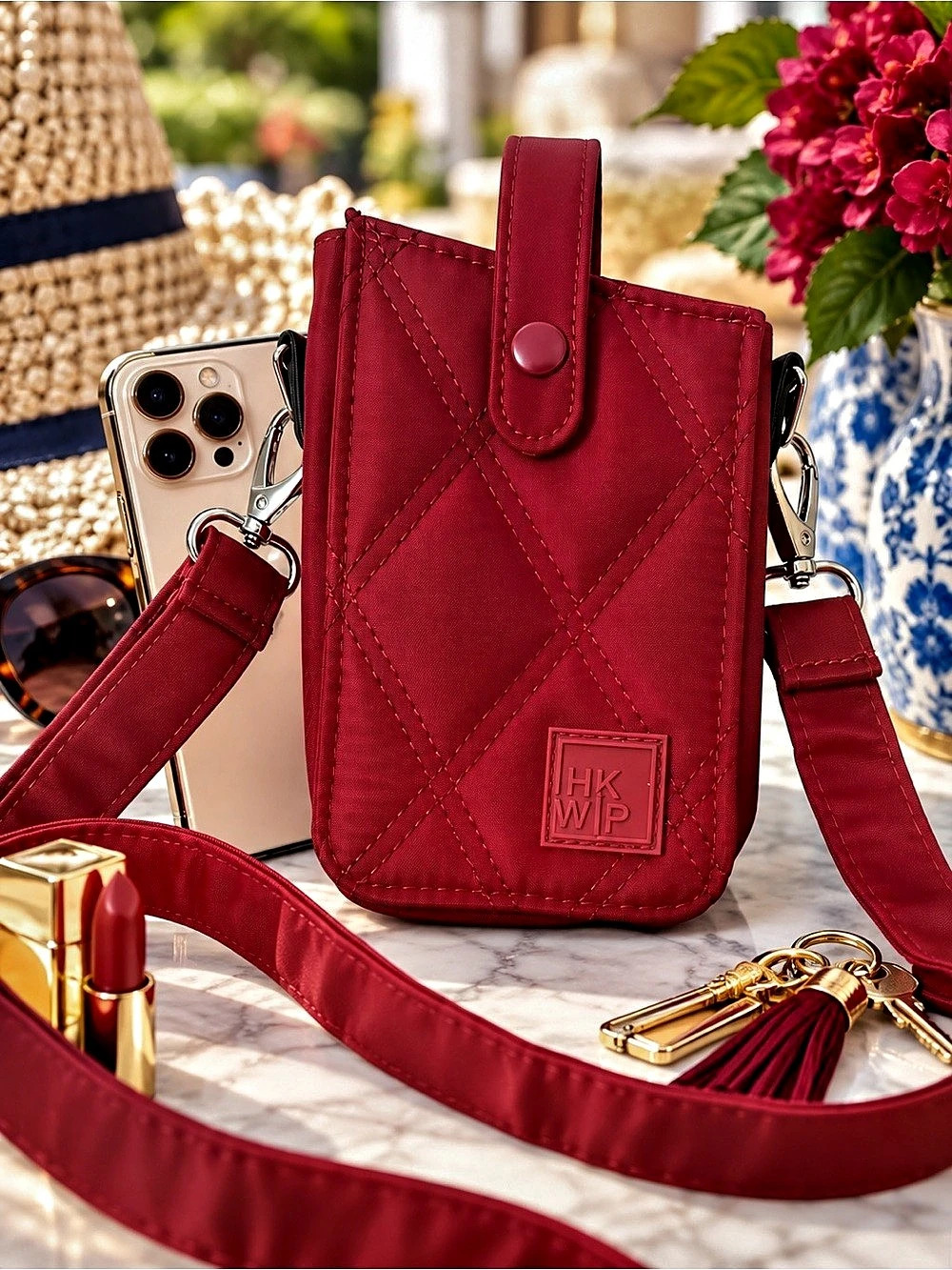 IHKWIP Call Me Later Quilted Cranberry RFID Cell Phone Crossbody Wallet